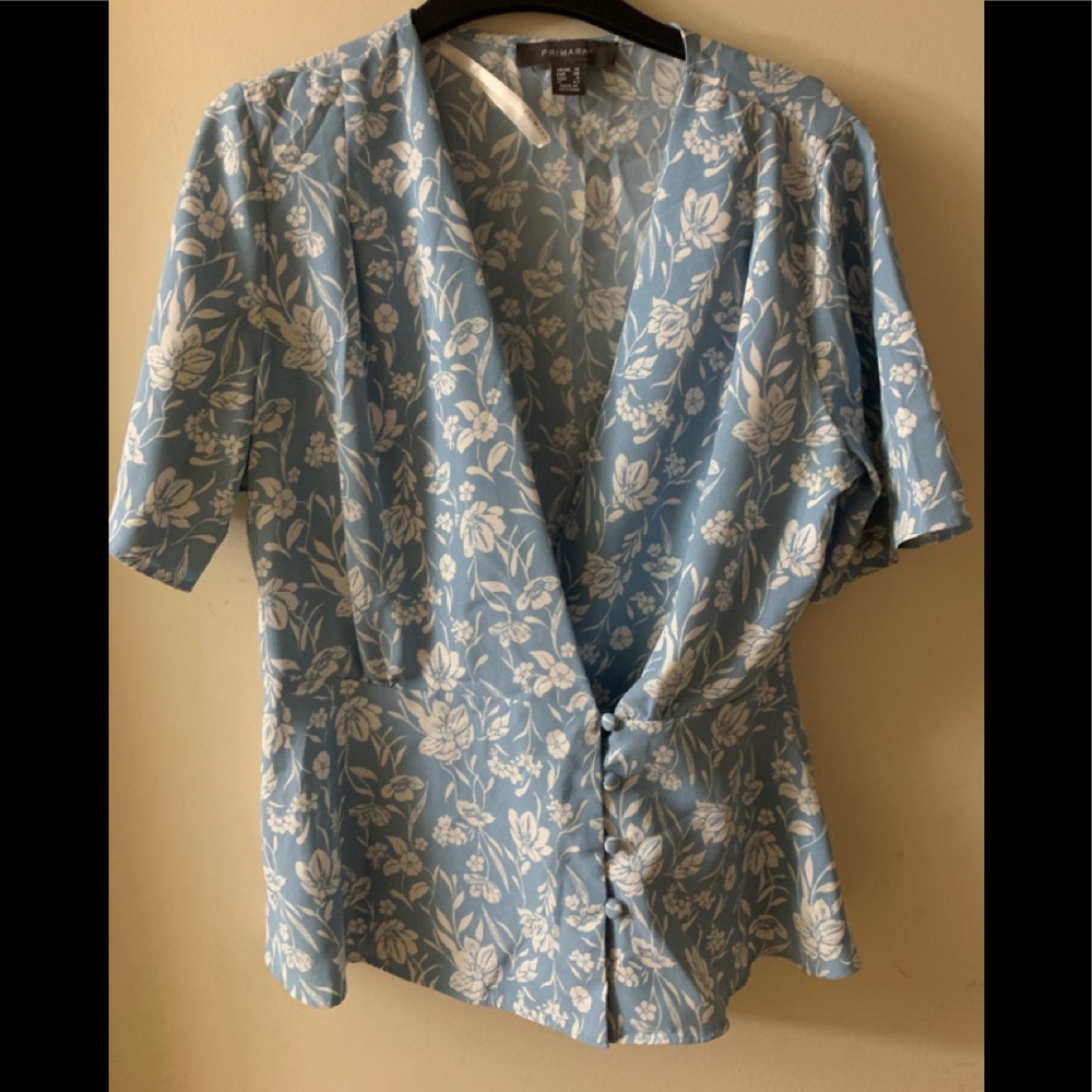 Primark Light Blue Floral Wrap Blouse with White Print